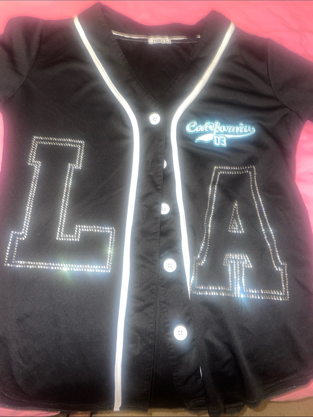 California 'LA' Rhinestone Baseball Jersey - Black & White